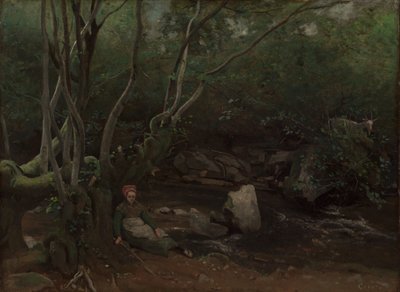 Lormes: Kecskelány ül a patak mellett az erdőben, 1842. alkotó: Jean Baptiste Camille Corot