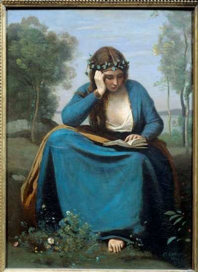 Virgile-festmény, Camille Corot (1796-1875) Virgile-festményének virágaival koronázott olvasója vagy a múzsa 1845 Dim. 0,45x0,34 m alkotó: Jean Baptiste Camille Corot