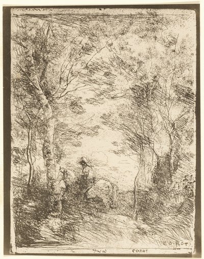 A lovas az erdőben, kis tányér alkotó: Jean Baptiste Camille Corot