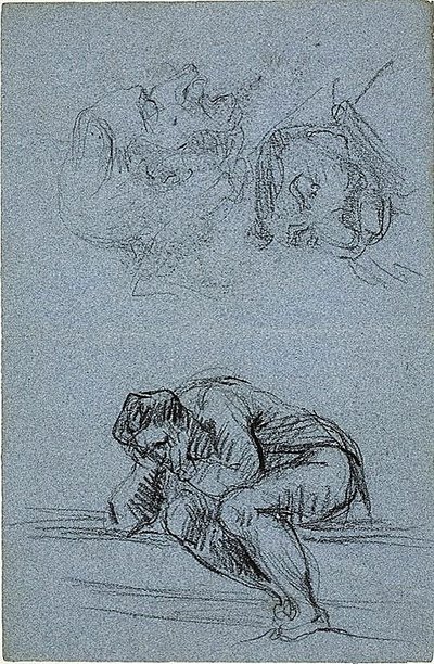 Ülő alak, fejjel a kezében és két karikatúra (recto); négy figura egy lunettában (verso). alkotó: Jean-Baptiste Carpeaux
