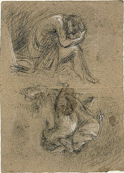 Vázlatok: Ülő férfi kezében fejjel és két, mások felé hajló alakkal a háttérben (recto); Fekvő nő (fordítva) alkotó: Jean-Baptiste Carpeaux