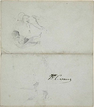 Vázlatok két gyermekről, csónakok a tengeren (recto); vázlatok botot tartó, lépkedő férfi alakról és tengerparti jelenetről (verso). alkotó: Jean-Baptiste Carpeaux