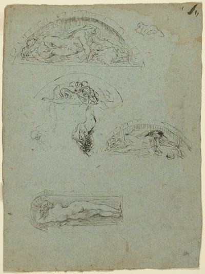 Álló alak egy résben és tanulmányok az Ugolino csoport számára (recto); Piros köpenyes prelátus a tömegben (fordítva) alkotó: Jean-Baptiste Carpeaux