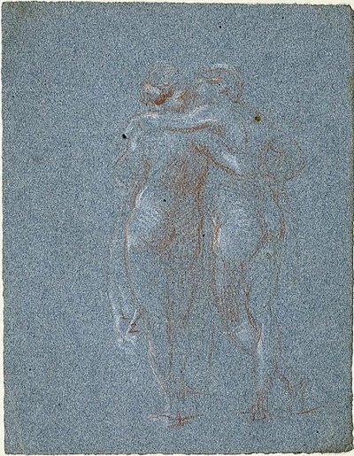 Két álló alak, ölelkező (recto); Férfi kaszával és épületvázlatokkal (fordítva) alkotó: Jean-Baptiste Carpeaux