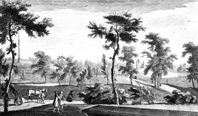 Kilátás a görög templomból Lord Cobham oszlopára, a Stowe House Gardensre, George Bickham metszetével, 1753 alkotó: Jean Baptiste Claude Chatelain