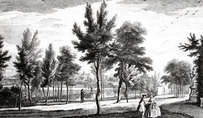Kilátás az Elysian Fieldsre a Helikoni forrásból, a Stowe House Gardensből, George Bickham metszete, 1753 alkotó: Jean Baptiste Claude Chatelain