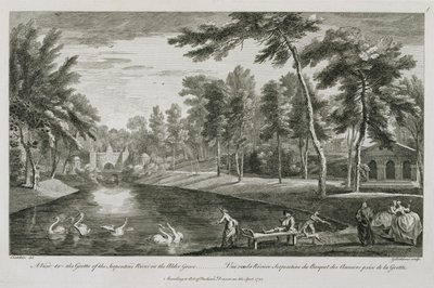 Kilátás a Serpentine folyó barlangjára a stowei Alder Grove-ban, 1753, George Bickham metszetével alkotó: Jean Baptiste Claude Chatelain