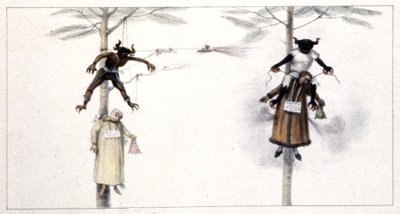 Brazília: 1839. nagyszombaton elégetett baba Júdás és Ördög képmása mellett (metszet) alkotó: Jean Baptiste Debret