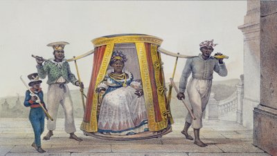 Fehér gyermek szállítása, hogy megkeresztelkedjenek egy templomban, a „Voyage Pittoresque et Historique au Bresil” című művéből, Thierry Freres metszete, 1839 alkotó: Jean Baptiste Debret