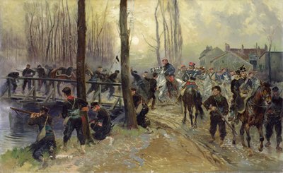 Les egy csapatok által védett híd közelében, kora reggel, 1870 alkotó: Jean-Baptiste Edouard Detaille