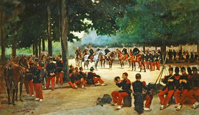 Gyalogezred pihenő a Bois de Boulogne-n áttekintés közben, 1885 körül alkotó: Jean Baptiste Edouard Detaille