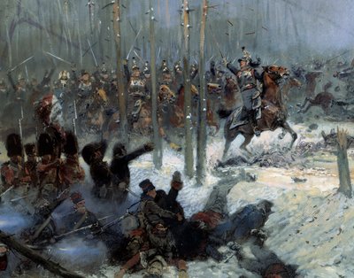Orosz hadjárat 1812-ben: „” Dubois ezredes 7. csatahajójának bevetése la Berezinában (Beresinában) 1812.11.28-án Oroszországban”” Részlet. Jean-Baptiste-Edouard (Jean Baptiste Edouard) Detaille festménye (1848-1912) XIX. Párizs, Musee de l