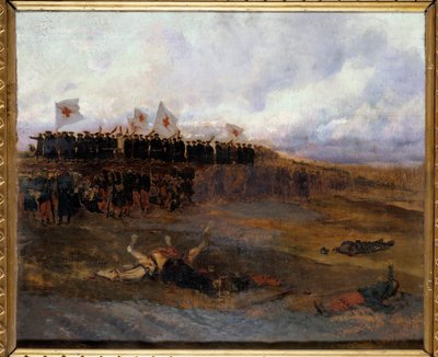 Párizs ostroma 1870: „” a keresztény tanítás iskoláinak testvérei a csatatér felé indulnak”” Edouard Detaille festménye (1848-1912) 1872 V. 0,53x0,65 m alkotó: Jean Baptiste Edouard Detaille