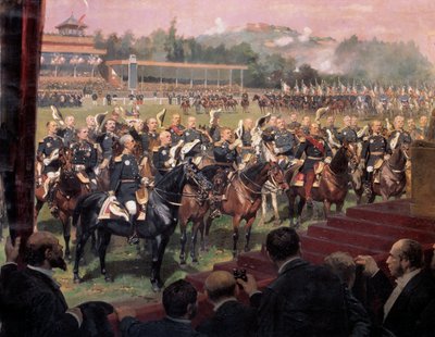 Jules Grevy elnök zászlóosztása Longchampban Leon Gambetta jelenlétében július 14-én alkotó: Jean Baptiste Edouard Detaille