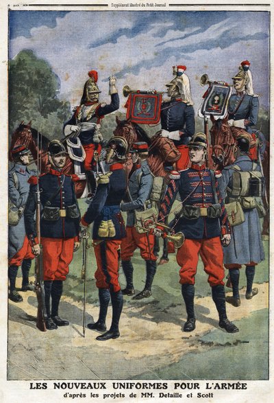 A francia hadsereg új egyenruhái Edouard Detaille (1848-1912) és Georges Bertin Scott (1873-1942) festőművészek Scott de Plagnolles projektjei nyomán. Metszet a „Le Petité Journal”-ban, 1912.10.03. Magángyűjtemény. alkotó: Jean-Baptiste Edouard Detaille