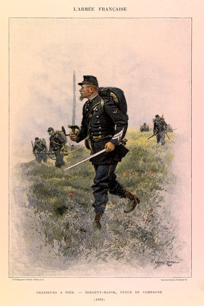 Jules Richard kapitány francia Armee-jének típusai és egyenruhái, illusztrálta Edouard Detaille (1848-1912): Lábvadászok: őrmester tábori ruhában 1885-ben, magángyűjtemény alkotó: Jean Baptiste Edouard Detaille