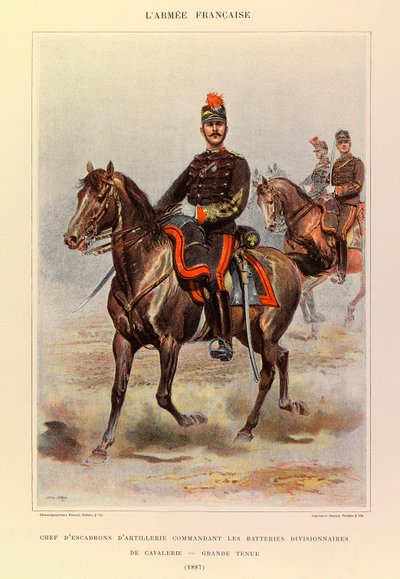 Jules Richard százados francia hadseregének típusai és egyenruhái, illusztrálta: Edouard Detaille (1848-1912): a hadosztály lovassági ütegeit nagy ruhában vezénylő tüzérosztag főnöke 1887-ben, magángyűjtemény alkotó: Jean Baptiste Edouard Detaille