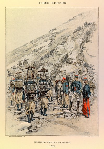 Jules Richard százados francia hadseregének típusai és egyenruhái, illusztrálta: Edouard Detaille (1848-1912): Indigenes Tirailleurs in Column 1886, Magángyűjtemény alkotó: Jean Baptiste Edouard Detaille