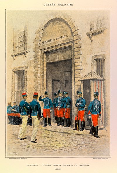 Jules Richard százados francia hadseregének típusai és egyenruhái, illusztrálta: Edouard Detaille (1848-1912): Huszárok nagy ruhában; Lovaskerület 1886-ban, Magángyűjtemény alkotó: Jean Baptiste Edouard Detaille