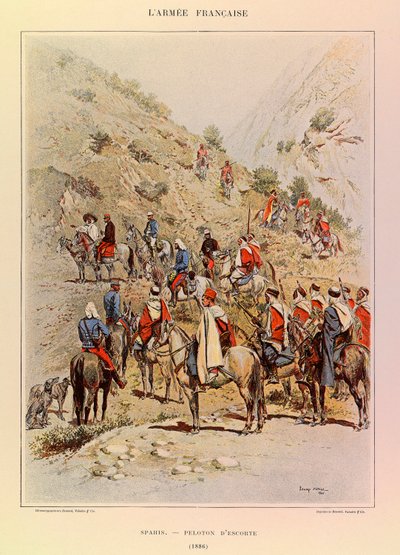 Jules Richard százados francia hadseregének típusai és egyenruhái, illusztrálta Edouard Detaille (1848-1912): Spahis; Kísérőszakasz 1886-ban, Magángyűjtemény alkotó: Jean Baptiste Edouard Detaille