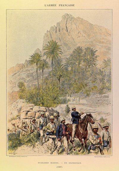 Jules Richard kapitány francia hadseregének típusai és egyenruhái, illusztrálta: Edouard Detaille (1848-1912): Fusiliers Marins az expedíción 1887-ben, Magángyűjtemény alkotó: Jean Baptiste Edouard Detaille