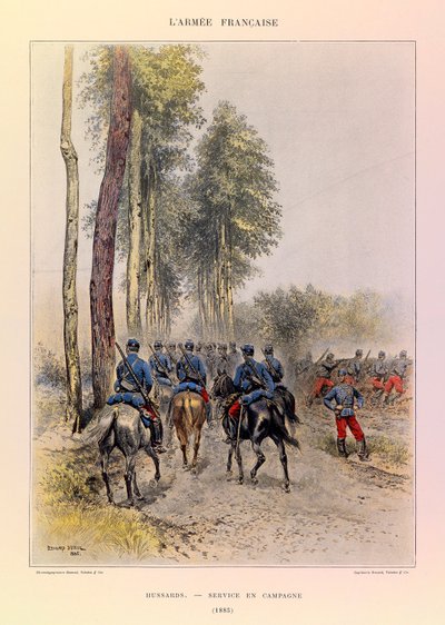 Jules Richard százados francia hadseregének típusai és egyenruhái, illusztrálta: Edouard Detaille (1848-1912): Huszárok; Field Service 1885, Magángyűjtemény alkotó: Jean Baptiste Edouard Detaille