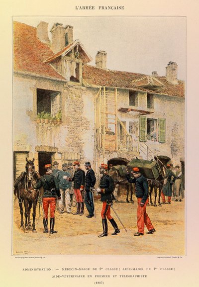 Jules Richard kapitány francia hadseregének típusai és egyenruhái, illusztrálta Edouard Detaille (1848-1912): Adminisztráció: osztály orvos őrnagya; 1. osztály őrnagy segédtisztje; első állatorvosi segédtiszt és távírász 1887-ben, magángyűjtemény. alkotó: Jean Baptiste Edouard Detaille
