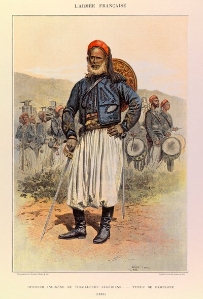 Jules Richard kapitány francia hadseregének típusai és egyenruhái, illusztrálta: Edouard Detaille (1848-1912): Az algériai tuniorok bennszülött tisztje terepruhában 1886-ban, magángyűjtemény alkotó: Jean Baptiste Edouard Detaille