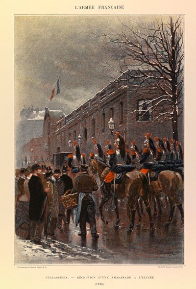Jules Richard kapitány francia hadseregének típusai és egyenruhái, illusztrálta Edouard Detaille (1848-1912): Cuirassiers: Egy követség fogadása az Elysee-ben 1886-ban, Magángyűjtemény alkotó: Jean Baptiste Edouard Detaille