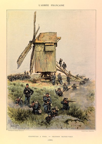 Jules Richard kapitány francia hadseregének típusai és egyenruhái, illusztrálta Edouard Detaille (1848-1912): Vadászok gyalog; a nagy manőverek 1885-ben, Magángyűjtemény alkotó: Jean Baptiste Edouard Detaille