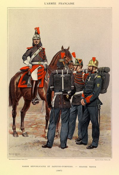 Jules Richard százados francia hadseregének típusai és egyenruhái, illusztrálta: Edouard Detaille (1848-1912): Köztársasági gárda és tűzoltók nagyszerű ruhában 1887-ben, magángyűjtemény alkotó: Jean Baptiste Edouard Detaille