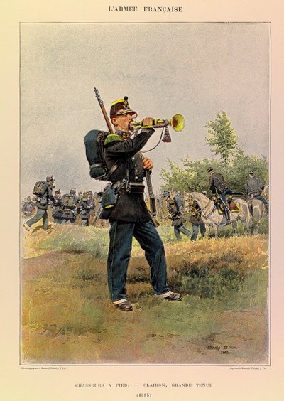 Jules Richard kapitány francia hadseregének típusai és egyenruhái, illusztrálta: Edouard Detaille (1848-1912): Gyalogos vadászok: 1885-ben remek ruhában viselő dög, Magángyűjtemény alkotó: Jean Baptiste Edouard Detaille