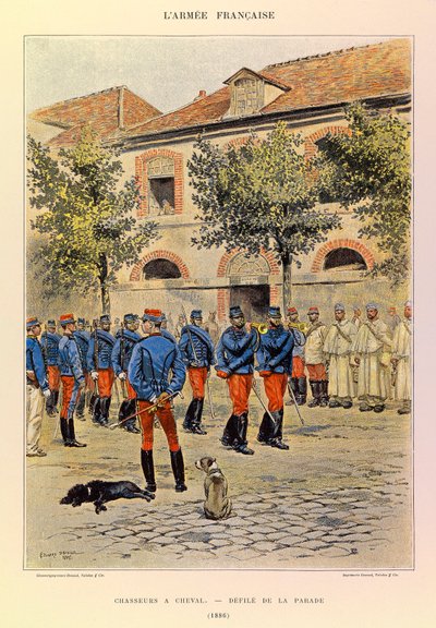 Jules Richard kapitány francia hadseregének típusai és egyenruhái, illusztrálta Edouard Detaille (1848-1912): Vadászok lóháton; Defile de la parade en 1886, Collection Partiale alkotó: Jean Baptiste Edouard Detaille