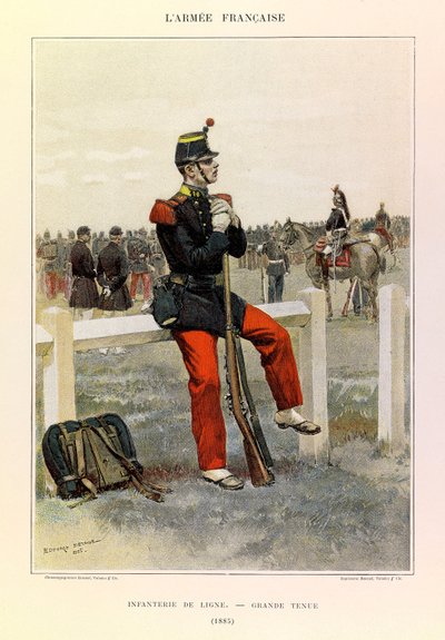 Jules Richard százados francia hadseregének típusai és egyenruhái, illusztrálta Edouard Detaille (1848-1912): Infantry de line en grande-style 1885-ben, részleges gyűjtemény alkotó: Jean Baptiste Edouard Detaille