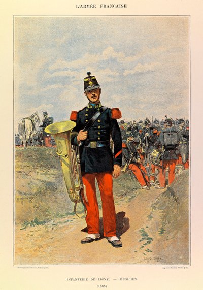 Jules Richard százados francia hadseregének típusai és egyenruhái, illusztrálta: Edouard Detaille (1848-1912): Gyalogsor: Zenész 1885-ben, Magángyűjtemény alkotó: Jean Baptiste Edouard Detaille