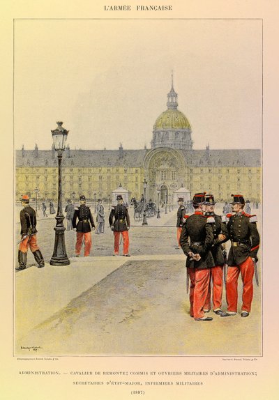 A Jules Richard százados francia hadseregének típusai és egyenruhái, illusztrálta: Edouard Detaille (1848-1912): Adminisztráció: Lovas, katonai hivatalnok és adminisztratív dolgozók, személyzeti titkárok, katonai ápolónők 1887-ben, Magángyűjtemény alkotó: Jean Baptiste Edouard Detaille