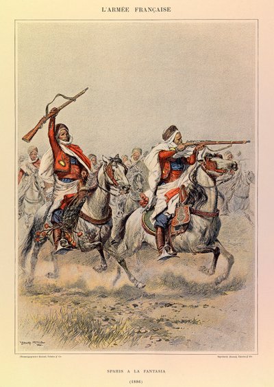 Jules Richard kapitány francia hadseregének típusai és egyenruhái, illusztrálta Edouard Detaille (1848-1912): Spahis a la Fantasia 1886-ban, Magángyűjtemény alkotó: Jean-Baptiste Edouard Detaille