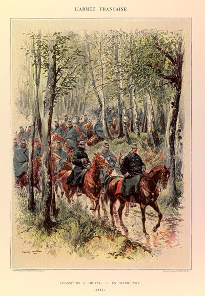 Jules Richard kapitány francia hadseregének típusai és egyenruhái, illusztrálta: Edouard Detaille (1848-1912): Vadászok egy ló manőverben 1885-ben, Magángyűjtemény alkotó: Jean Baptiste Edouard Detaille