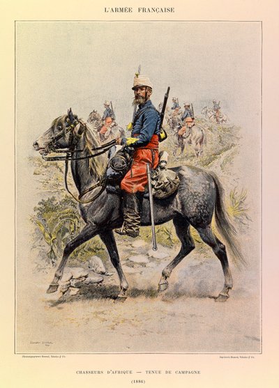 Jules Richard kapitány francia hadseregének típusai és egyenruhái, illusztrálta: Edouard Detaille (1848-1912): Afrika vadászai vidéki ruhában 1886-ban, magángyűjtemény alkotó: Jean Baptiste Edouard Detaille