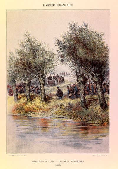 Jules Richard kapitány francia hadseregének típusai és egyenruhái, illusztrálta Edouard Detaille (1848-1912): Vadászok gyalog; a nagy manőverek 1885-ben, Magángyűjtemény alkotó: Jean Baptiste Edouard Detaille