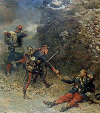 1870-es háború: "" A giberne feneke"" Egy sérült gyalogos utolsó lövedékeit társának adja a champigny-i csatában (1870.11.11.). Részlet Jean-Baptiste-Edouard Detaille (1848-1912) és Alphonse de Neuville (Deneuvi) festményéről alkotó: Jean-Baptiste Edouard Detaille