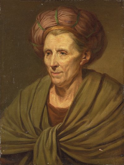 Női portré, mellig érő, barna turbánnal és zöld kendővel alkotó: Jean Baptiste Greuze