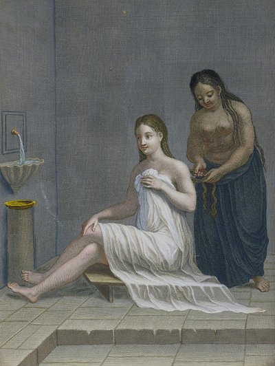 Fürdőben fonott haját török lány, 18. század alkotó: Jean-Baptiste Haussard