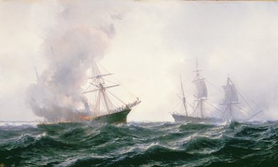 Egy hajó lángokban áll a tengeren, egy másik mellette alkotó: Jean Baptiste Henri Durand Brager