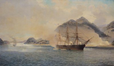Tengerészeti csata a Shimonoseki-szorosnál, 1863. július 20., 1865. alkotó: Jean Baptiste Henri Durand Brager