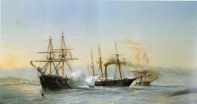 Tengeri ütközet a marokkói partok előtt két marokkói brigg és egy francia kerekes korvett között Mogador francia hajóraj általi bombázása alkalmával 1844-ben. alkotó: Jean Baptiste Henri Durand-Brager