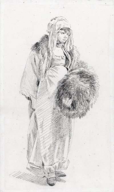 Orosz nő szőrmuff le Prince, Jean-Baptiste (1734-1781), 1758 és 1761 között - Fekete kréta papíron, 22,9x13,8 - Magángyűjtemény alkotó: Jean Baptiste Le Prince