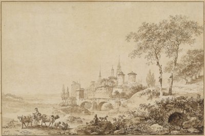 Pásztorok egy tájon egy erődített város előtt alkotó: Jean Baptiste Le Prince