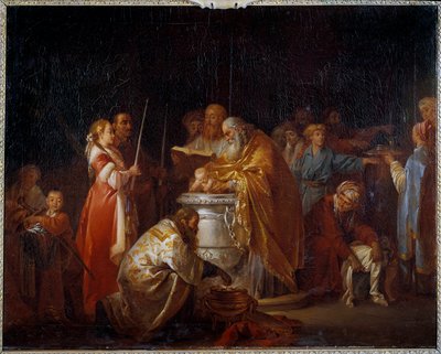 Orosz keresztség Egy ortodox pápa megkereszteli gyermeket a szülei előtt. Jean Baptiste Leprince (1733-1781) festménye 1765 V. 0,73x0,92 m alkotó: Jean Baptiste Leprince