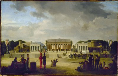 Vue du grand théâtre élevé sur la place de la Concorde pour la fête de la Paix, le 18 brumaire, an X (9 novembre 1801), in 1801 (olaj, fa) alkotó: Jean-Baptiste-Louis Cazin